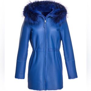 MAXIMILIAN REVERSIBLE SHEARLING LAMB JACKET WITH FOX TRIMMED HOOD